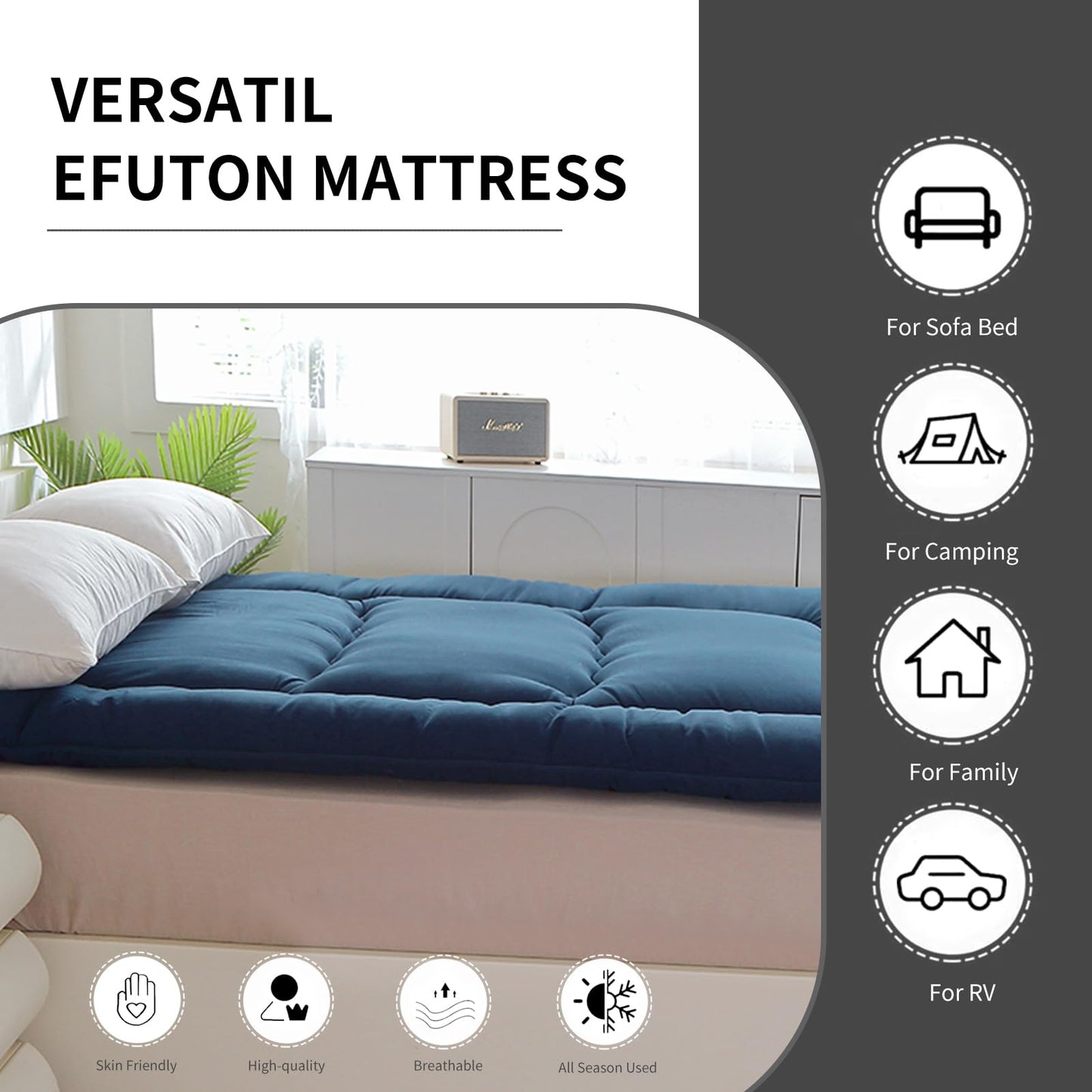 FISHDRU Futon Mattress, Japanese Floor Mattress,Japanese Floor Bed,Tatami Foldable Bed,Roll Up Sleeping Pad for Adults Guest Room Bedroom (Blue, Twin)
