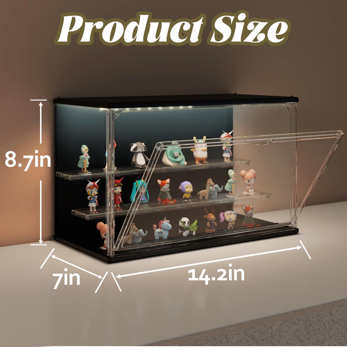VERSSURE Clear Display Case for Collectibles, 3-Tier Adjustable Figure Display Case with LED Light, Stackable Acrylic Showcase with Magnetic Door for Jewelry,Collectibles (Black, 1 Pack-8.7" H)