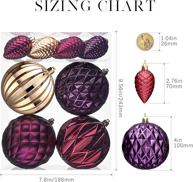 JORNOY Jewel Tone Christmas Tree Ornaments, 4inch/100mm Shatterproof Ornaments for Christmas Tree Set - Large Plastic Decorative Hangings Ball Ornaments for Xmas Tree Decorations, 12ct (Jewel Tone)