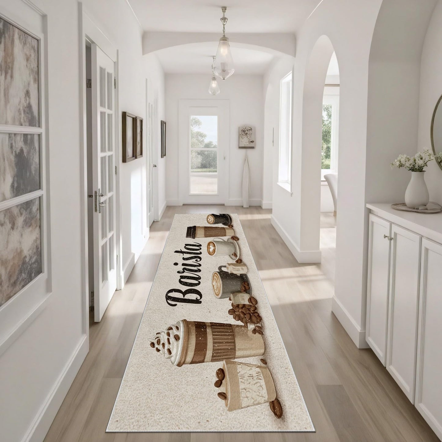 Barista Coffee Runner Rug for Hallway 3x10 Coffee Cup Kitchen Rugs Non Slip Washable, Farmhouse Cafe Latte Mocha Art Decor Carpet, Soft Low Pile Runner Rug for Entryway Laundry Living Room Bedroom