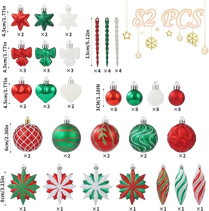 82Pcs Red and Green Christmas Tree Ornaments Set,Shatterproof Christmas Decorations for Tree Assorted Plastic Craft Baubles Snowflake Ball Ornaments for Holiday Party Decor (Red&Green&White)