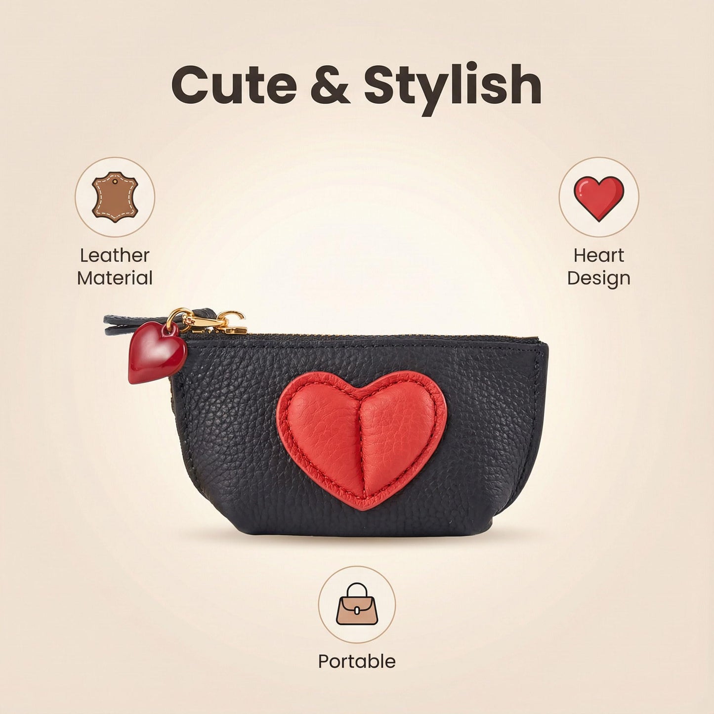Red Heart Design Small Coin Purse - Cute Compact Keychain Change Purse Soft Leather Wallet with Zipper for Women (Black)