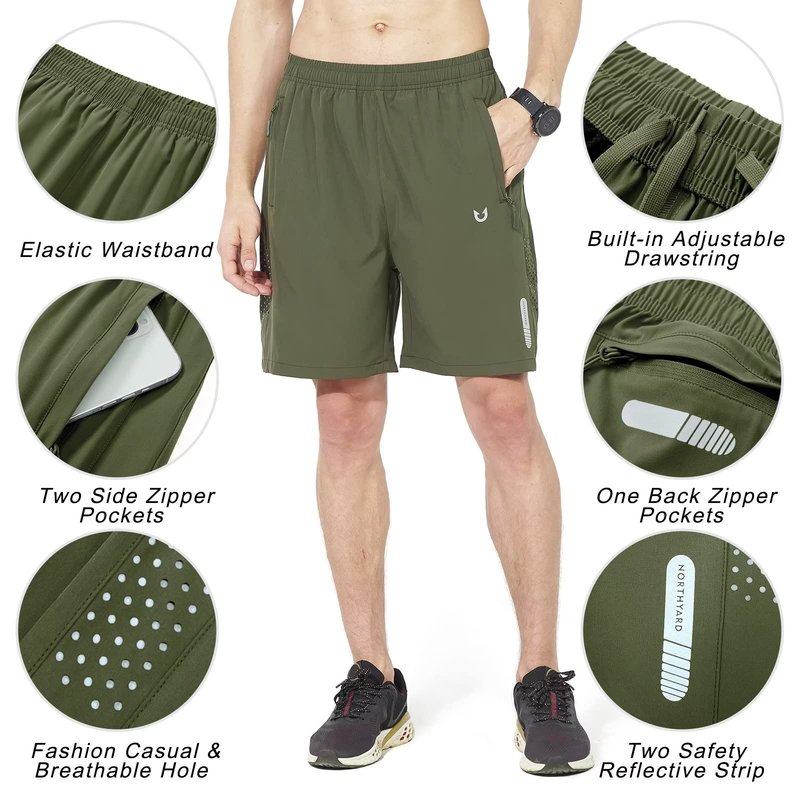 NORTHYARD Men's Athletic Running Shorts Gym Workout 7"/9"/5" Quick Dry Lightweight Sports Basketball Tennis 3 Zipper Pockets ArmyGreen 2XL