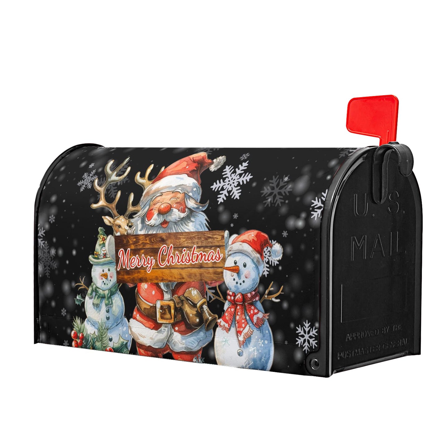 Merry Christmas Mailbox Cover Magnetic Snowman Santa Claus Reindeer Decorative Letter Post Box Cover Large Size 25.5x21 Inch Happy Holiday Xmas Black Post Wraps for Home Outdoor Garden Yard Decor