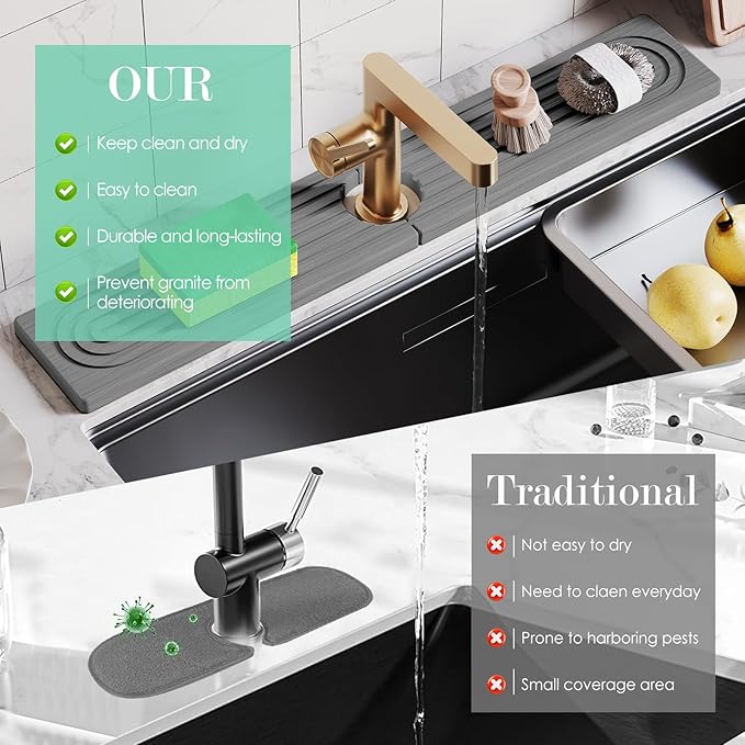 Stone Faucet Mat for Kitchen Sink, Diatomite Drying Stone Tray & Sink Protector