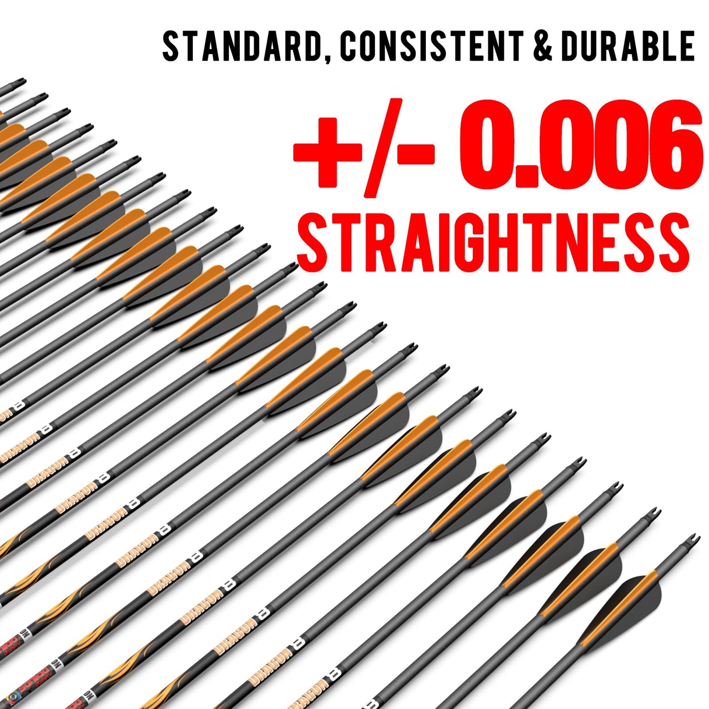 sanlida Dragon 8 100% Pure Carbon Hunting Arrows, 32" Ready-to-Shoot Arrows with Inserts, ±0.006" Straightness, 10-Spine Options, for Compound & Recurve Bows, 24 Pack (290 Spine)