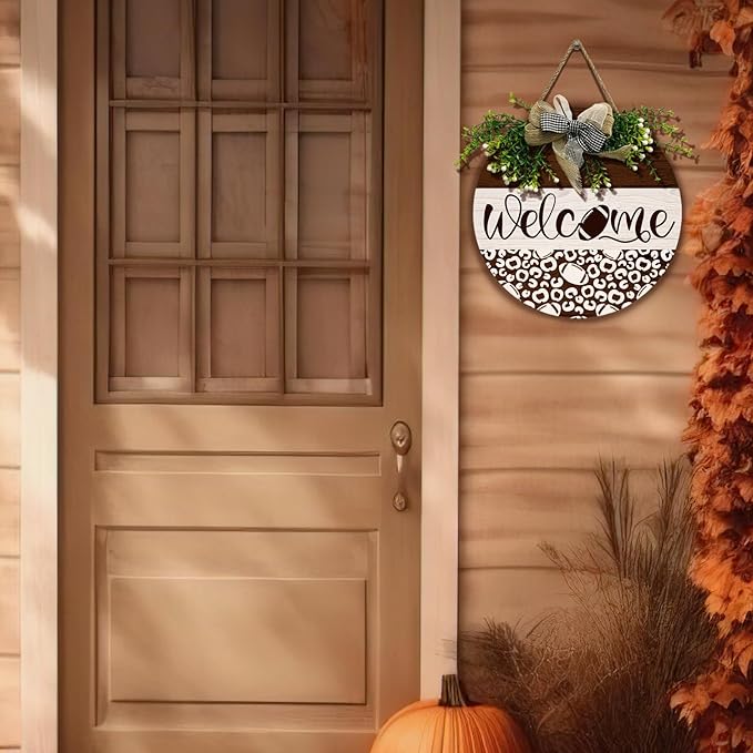 Welcome Football Front Door Sign Spring Summer Wooden Hanging Signs with Wreath And Bow Rustic Seasonal Football Game Sports Round Door Signs for Farmhouse Home Family Wall Decorations 12 X 12 Inches