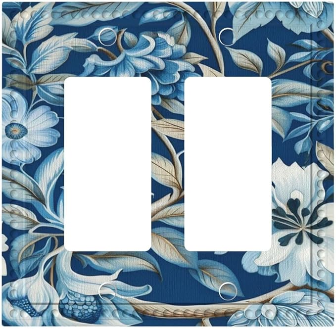 Blue Flowers Branches Leaves Floral Pattern Dual Outlet Covers Wall Plate 2 Gang Rocker Decorative Switchplate Electrical Faceplate GFCI Light Switch Covers for Farmhouse Living Decor