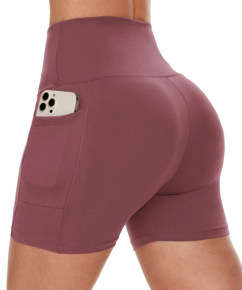 CAMPSNAIL Biker Shorts Women with Pockets - 3"/5"/8" High Waisted Workout Spandex Tummy Control Gym Running Yoga Shorts Dark Pink