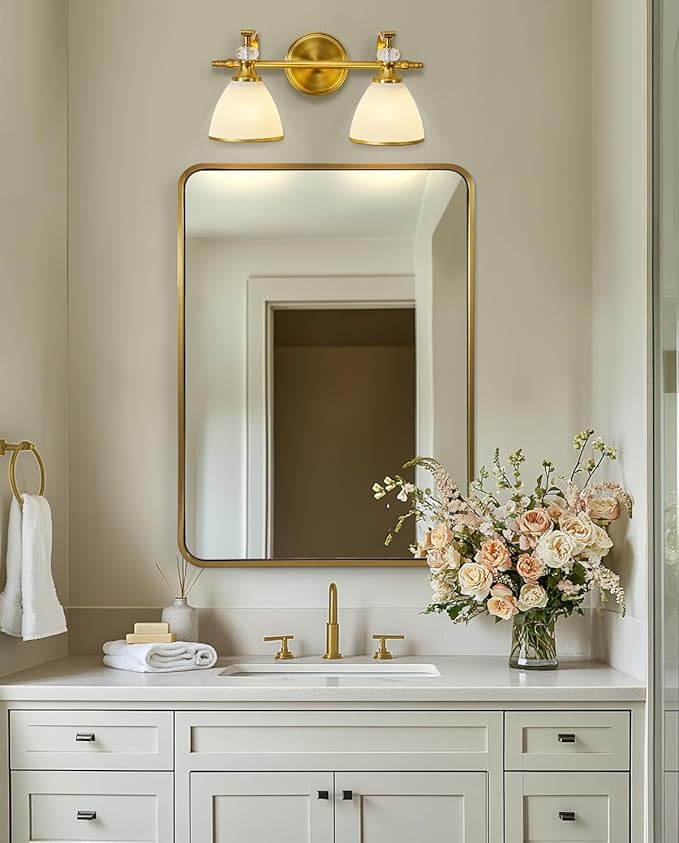 ANDY STAR Gold Vanity Light, 2-Light Brushed Gold Bathroom Light Fixtures, Vintage Bathroom Light with Milky White Bell Glass Shades, Eye-Friendly Wall Sconce for Mirror, Kitchen, Bedroom, Hallway