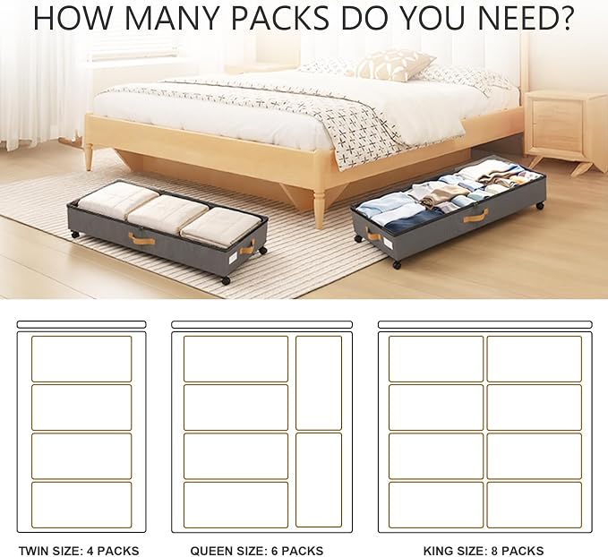 Under Bed Storage with Wheels 2-Pack, 75L XXL Under the Bed Storage Containers Large, 12" Tall Adjustable Storage for Underbed with Lids, Rolling for Clothes, Shoes, Blankets (4PCS-Grey)