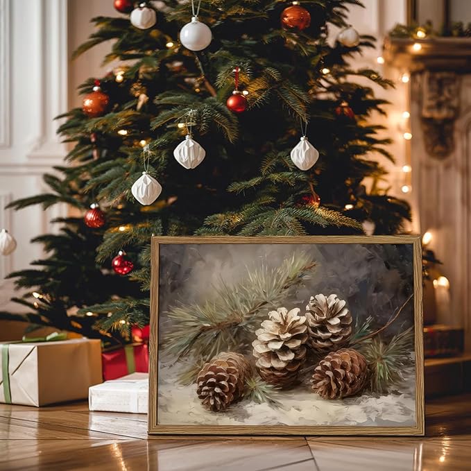 Framed Vintage Christmas Canvas Wall Art, Pine Cones Wall Decor Paintings, Winter Holiday Aesthetic Pictures Prints Rustic Home Decor for Living Room Bedroom Farmhouse 8×10 inch