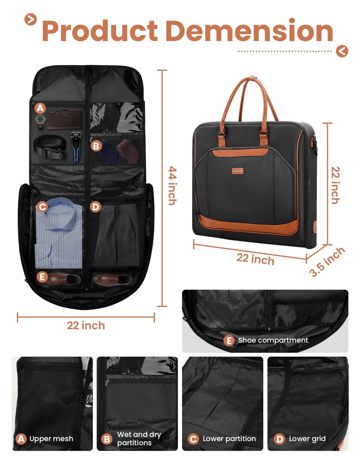 VUUDH Premium Garment Bag for Travel with Wet-Dry Compartment, Adjustable Shoulder Strap, and Luggage Attachment – Fits Suits, Dresses & Essentials