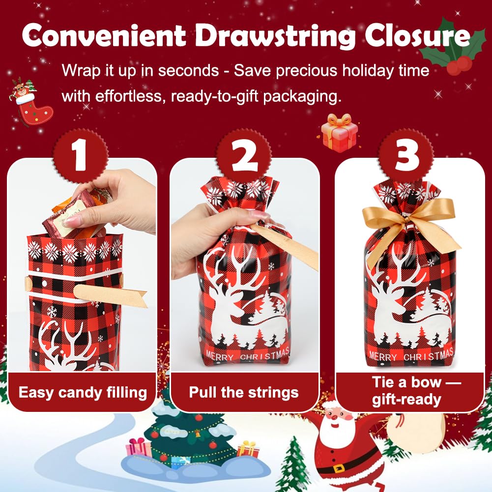 Shintop 50PCS Christmas Treat Bags with Drawstring, 5.9x9inch Buffalo Plaid Small Gift Bags Plastic Holiday Candy Pouches for Cookies Goodie Snacks Party Favors (Red & Green)