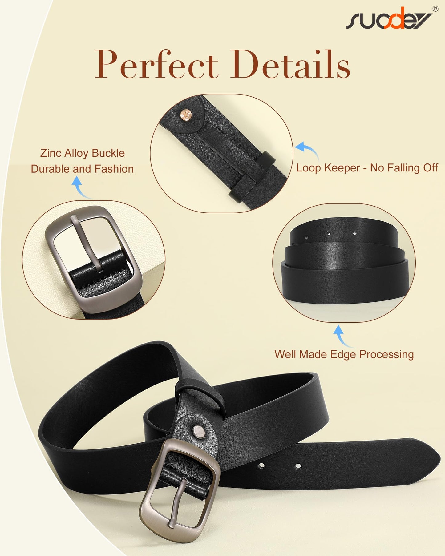SUOSDEY 2 Pack Womens Genuine Leather Belts, Waist Belt with Pin Buckle for Jeans Pants,black and coffee,width 1.3'',Small: fits waist from 25''-30''