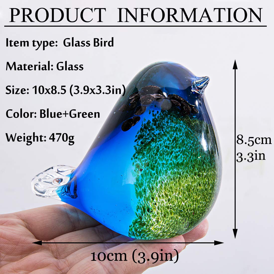 QFkris Qf 4" Glass Bird Handmade Blown Glass Figurine Christmas, Birthday Gift Decorative Ornaments for Home Blue and Green Paper Weight