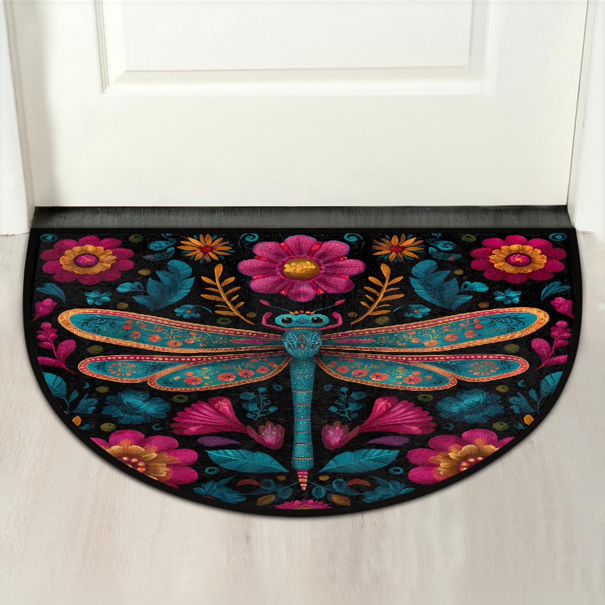 Peaom Folk Art Boho Dragonfly Flower Half Round Door Mat Indoor Entrance Low Pile Non Slip Absorbent Semi Circle Welcome Mats Doormats 36x24 in Floor Mats for Home Kitchen