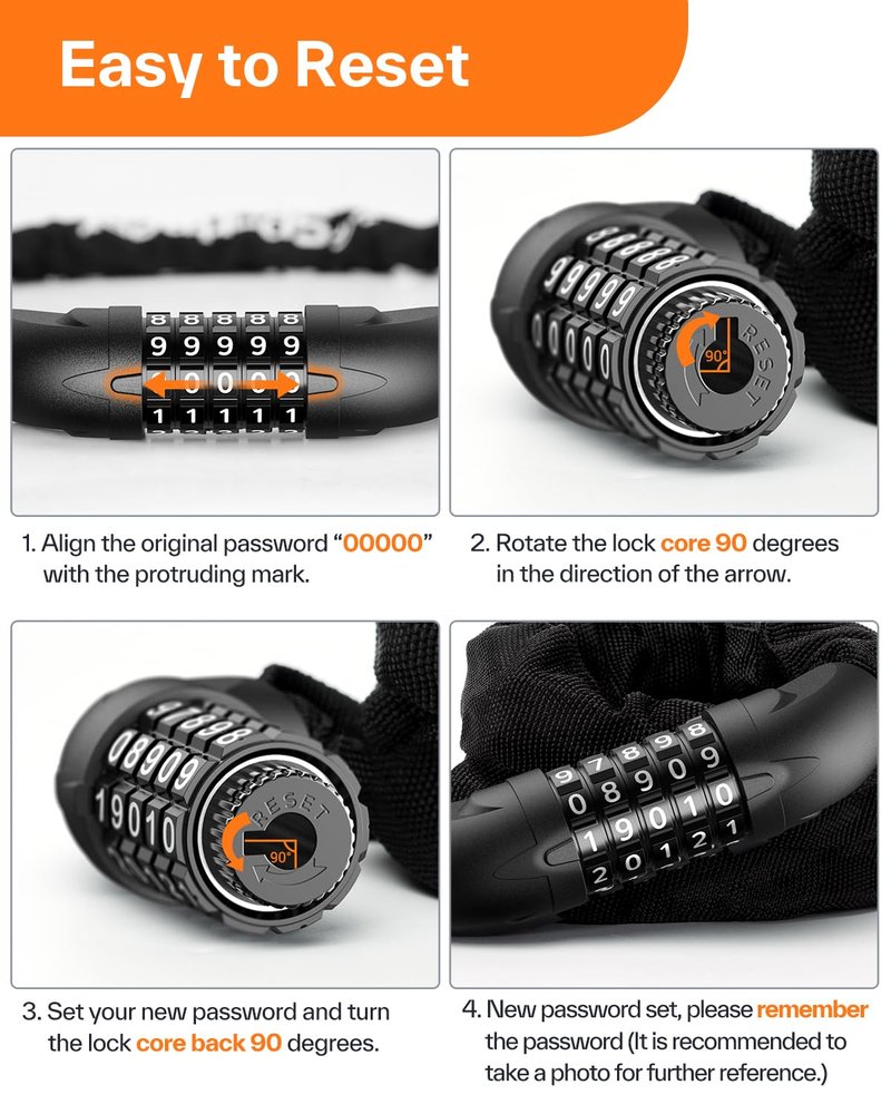 Sportneer Bike Locks Anti Theft- 5 Digit Combination Heavy Duty Keyless Bike Chain Lock Security Resettable Bicycle Lock for Bike, Scooter, Motorcycle, Door, Gate, Fence(4mm Thick Chain)