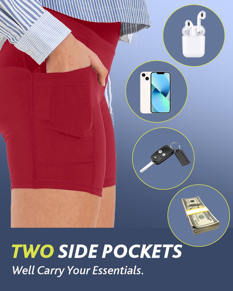 CAMPSNAIL Biker Shorts Women with Pockets - 3"/5"/8" High Waisted Workout Spandex Tummy Control Gym Running Yoga Shorts Red