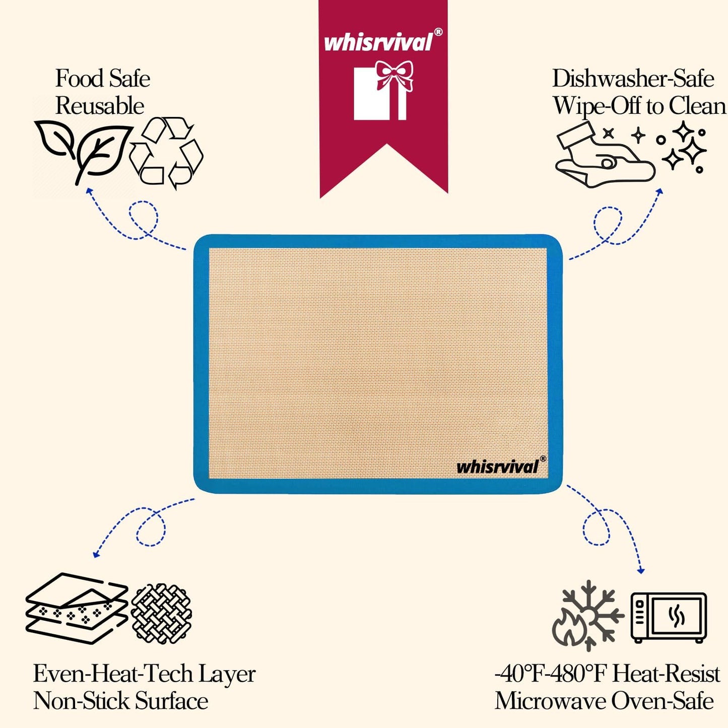 whisrvival 4 Pack Silicone Baking Mat, Non-Stick Silicone Baking Sheet, Food Safe Silicone Mats for Baking, 480℉ Heat Resistant, 2 Half & 2 Quarter (Purple, Blue, Grey)