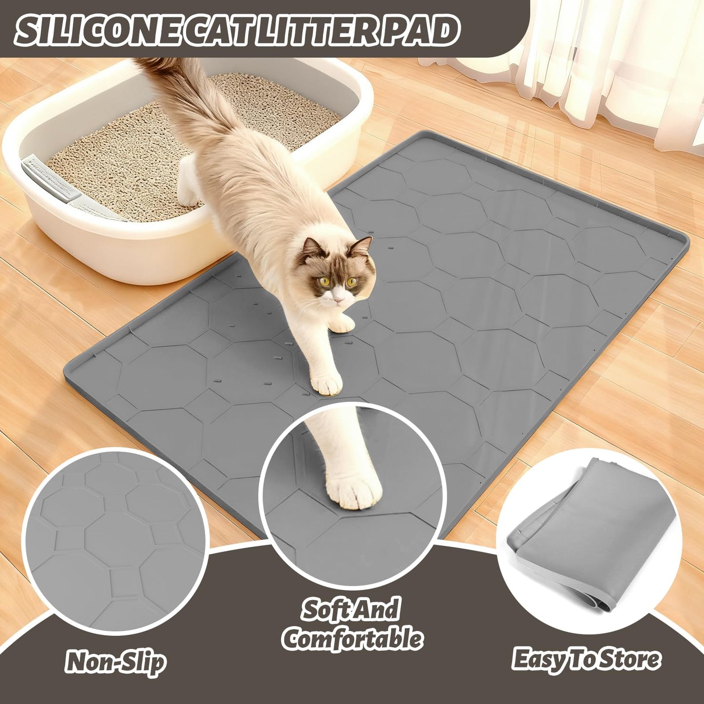 Extra Large Cat Litter Mat, Waterproof Silicone Cat Litter Box Mat, Non-Slip Kitty Litter Trapping Mat for Cat Litter Box, Urine Proof Pet Feeding Mat for Floors, Easy Clean, 38 x 26 Inch