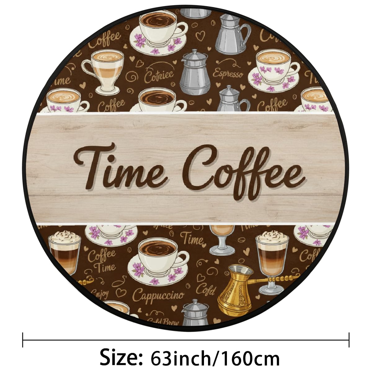 Round Area Rug 5Ft - Coffee Time Circle Entryway Rugs No Slip Washable Indoor Floor Throw Rug Carpet for Living Room Sofa Bedroom Under Dining Table, Aesthetic Decor