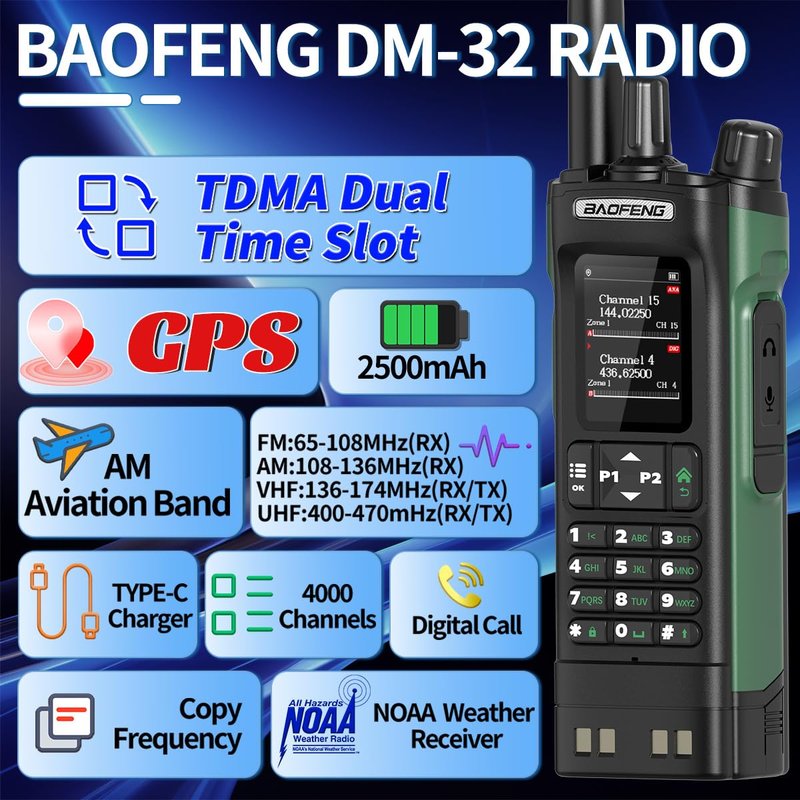 BAOFENG DM32 Ham Radio Handheld DM-32UV Walkie Talkies Long Range with NOAA Emergency Weather | 10W Rechargeable (4PCS Batteries) DM-32 DMR Radio with GPS,USB-C Charging for Survival Gear Hunting