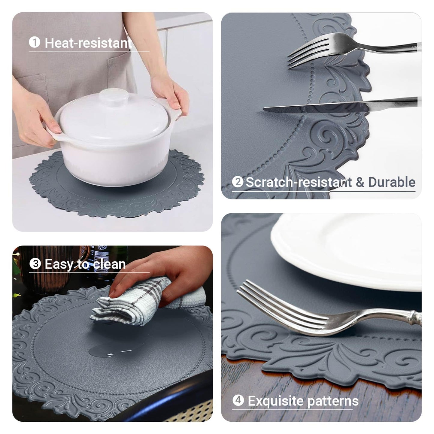 Noctiflorous Round Faux Leather 15 Inch Placemats Set of 6 Waterproof Wipeable Heat Resistant Tablemat for Dining Table Kitchen Non Slip Washable Oilproof Table Place Mat(Graphite Gray, 6)