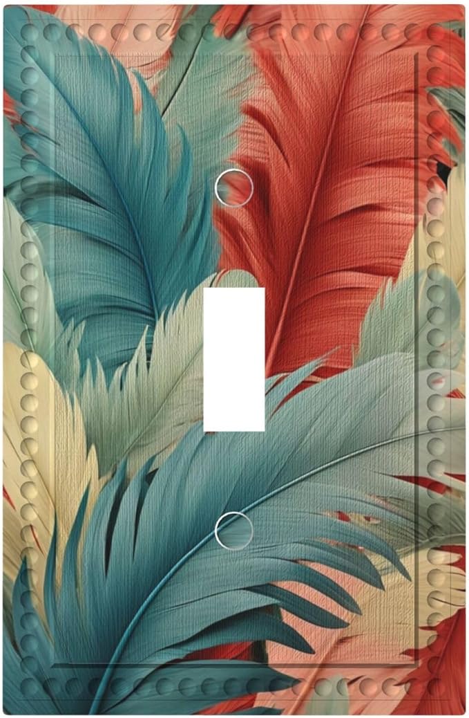 Colorful Feathers Blue Red Light Switch Covers 1 Gang Single Toggle Wall Plate Decorative Switchcover Electrical Switchplate for Country Living Decor