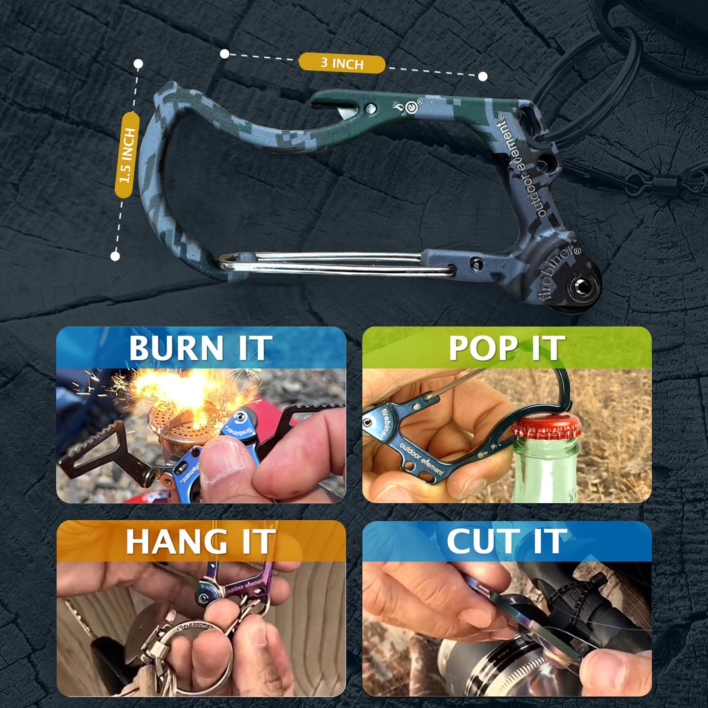Firebiner 6-in-1 Fire-Starting Carabiner EDC Emergency Multitool -Keychain,Utility Blade,Bottle Opener,& More-Camo Gray