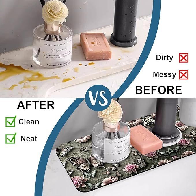 Cute Butterfly Sink Splash Guard Pink Flower Faucet Absorbing Mat Fast Drying
