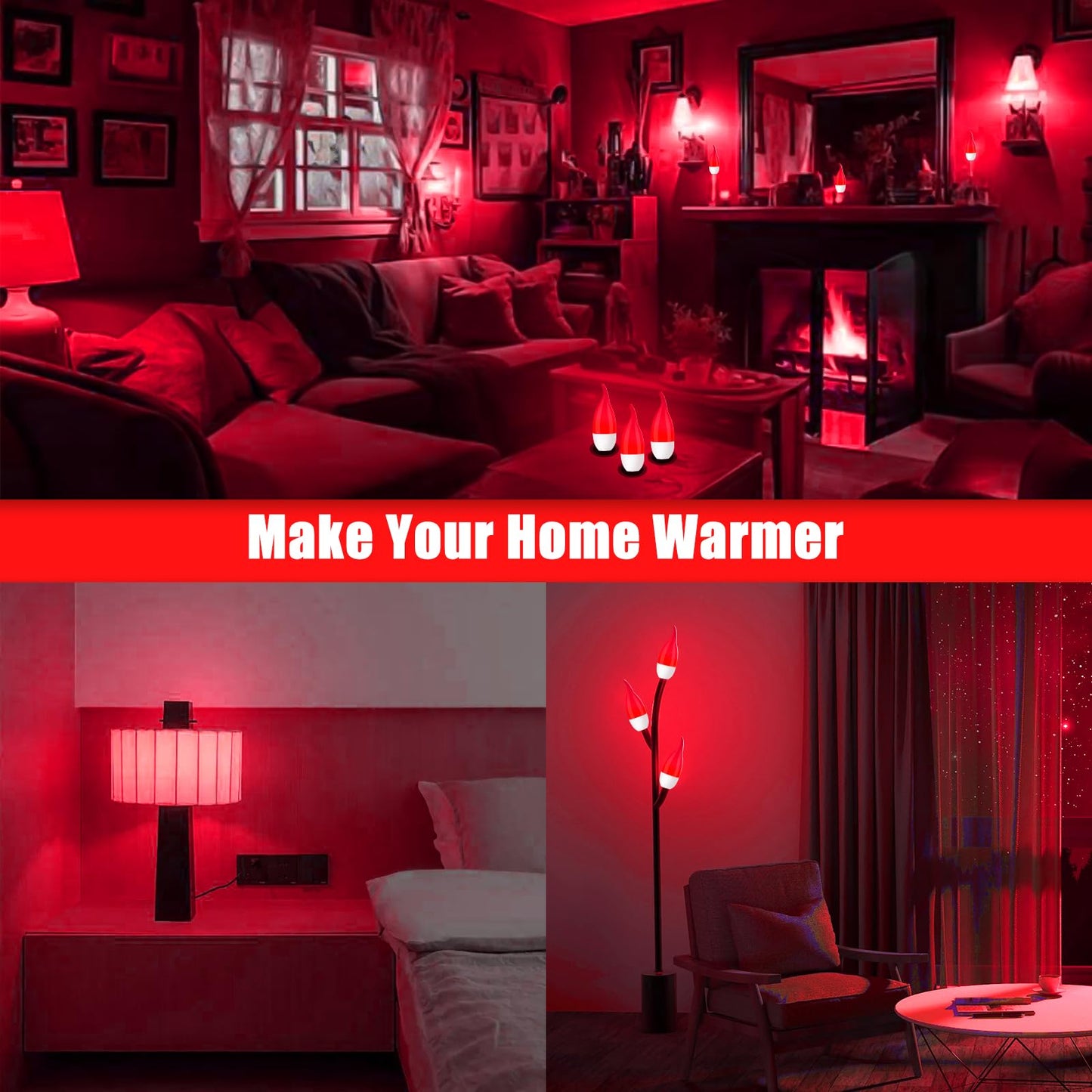 Bestview LED Flame Effect Light Bulbs,3 Modes Flickering Light Bulbs, Smart E12 Chandelier Base Candle Fire Light Bulb for Halloween, Christmas, Porch Indoor&Outdoor Home Decoration -6 Pack(Red)