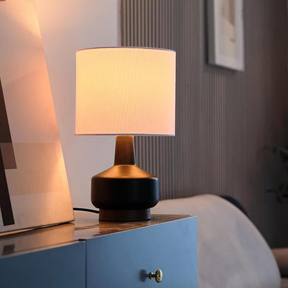 GLOBE Electric 61000046 15" Ceramic Table Lamp, Matte Black, Wood Toned Base, White Linen Shade, Dual Rotary Switch on Socket, Modern Lighting for Bedroom or Office, Home Décor, Lights for Nightstand
