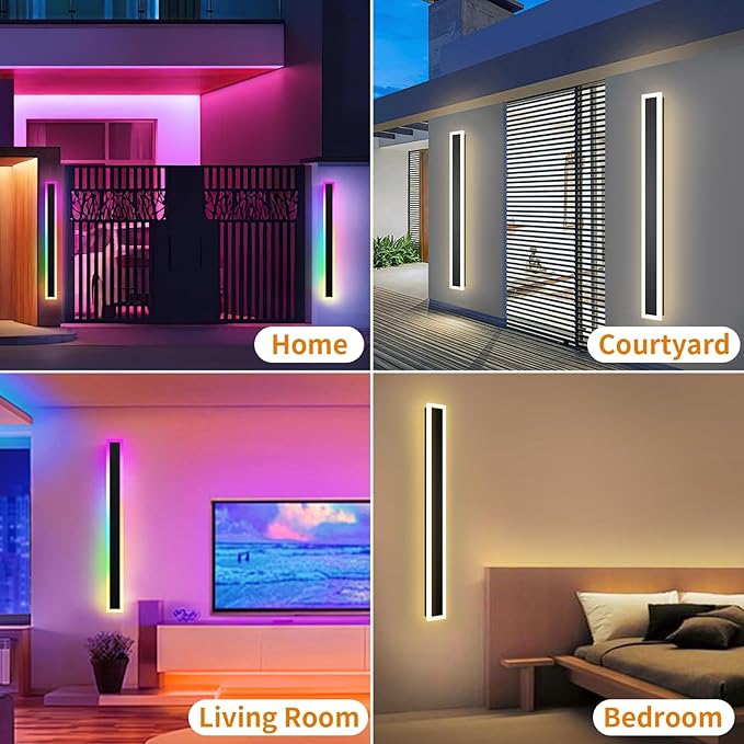 Outdoor RGB Long Wall Lights, 47.2inch 2 Pack RGB/Warm/White Dimmable Modern Led Wall Lighting, Ip65 Waterproof Long Wall Sconce with Remote and APP Control for Outdoor/Indoor