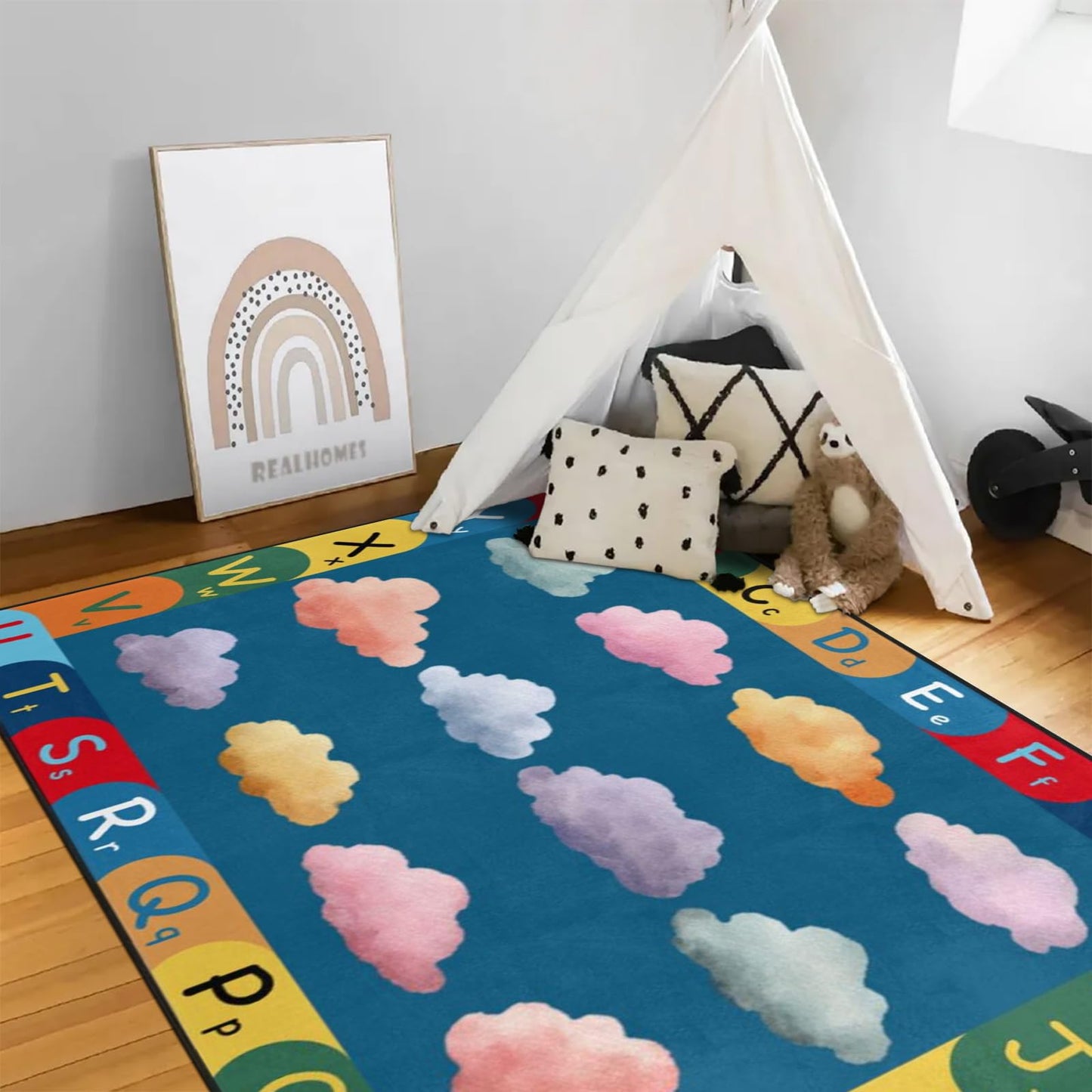 Kids Classroom Seating Rug for 12 Children, 5x7 Alphabet Circle Time Carpet, Educational Preschool Learning Rug with Colorful Cloud Seats, Non-Slip Area Rug for Daycare Playroom