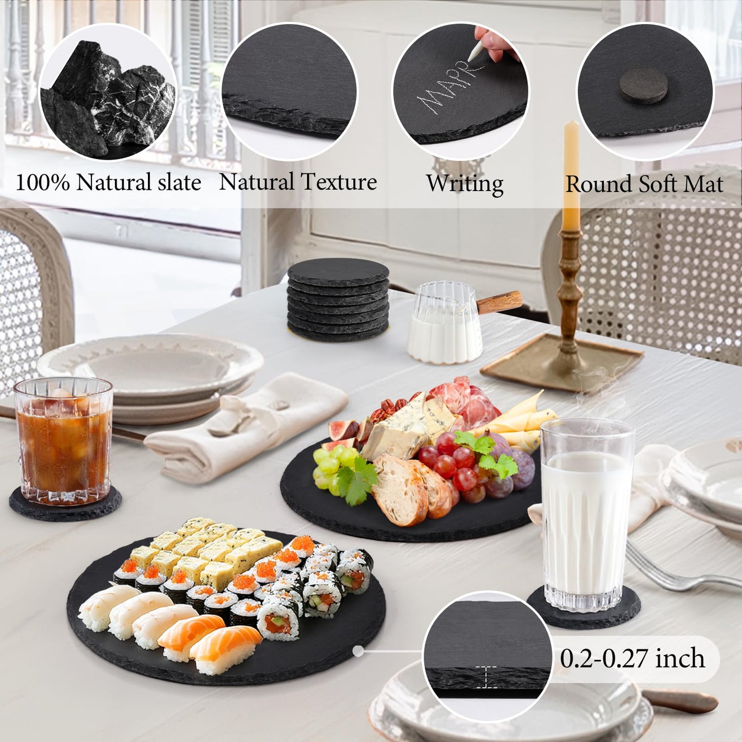 MAPRIAL 11 x 11 In 4 Pack Slate Cheese Boards, Round Black Stone Plates Charcuterie Boards Serving Tray Slate Platter for Halloween Christmas, Party, Gifts
