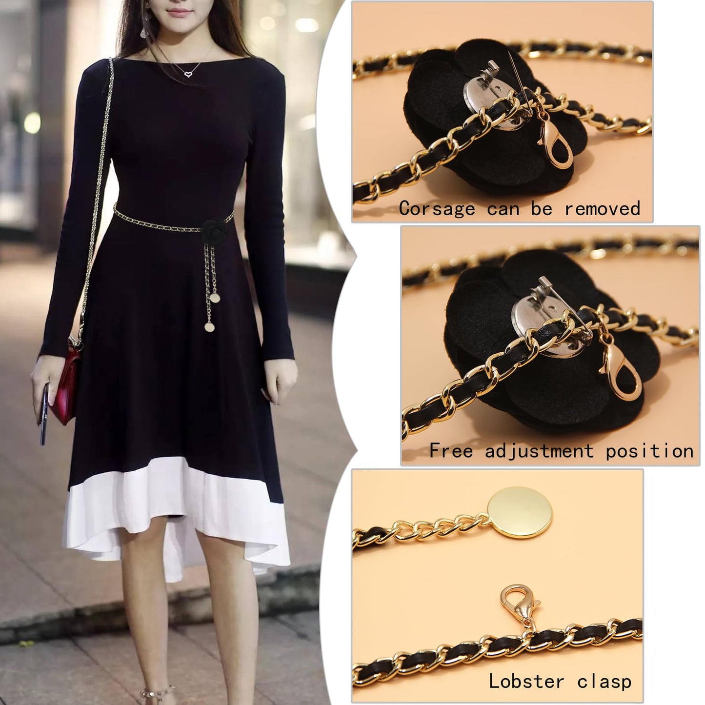 Belly Chain Belt for Women, Metal Waist Chain Body Chain Belt for Clothing Matching (Black, Fit waist up to 32")