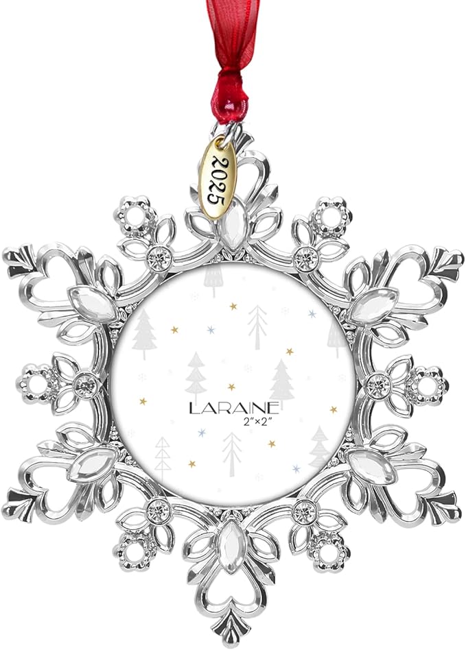 Laraine Christmas Tree Ornaments – Decorative Hanging 2025 Holiday Keepsake Gift Snowflake Pendant with 2” Photo Frame Insert for Picture of Pet (Snowflake Silver (2025))
