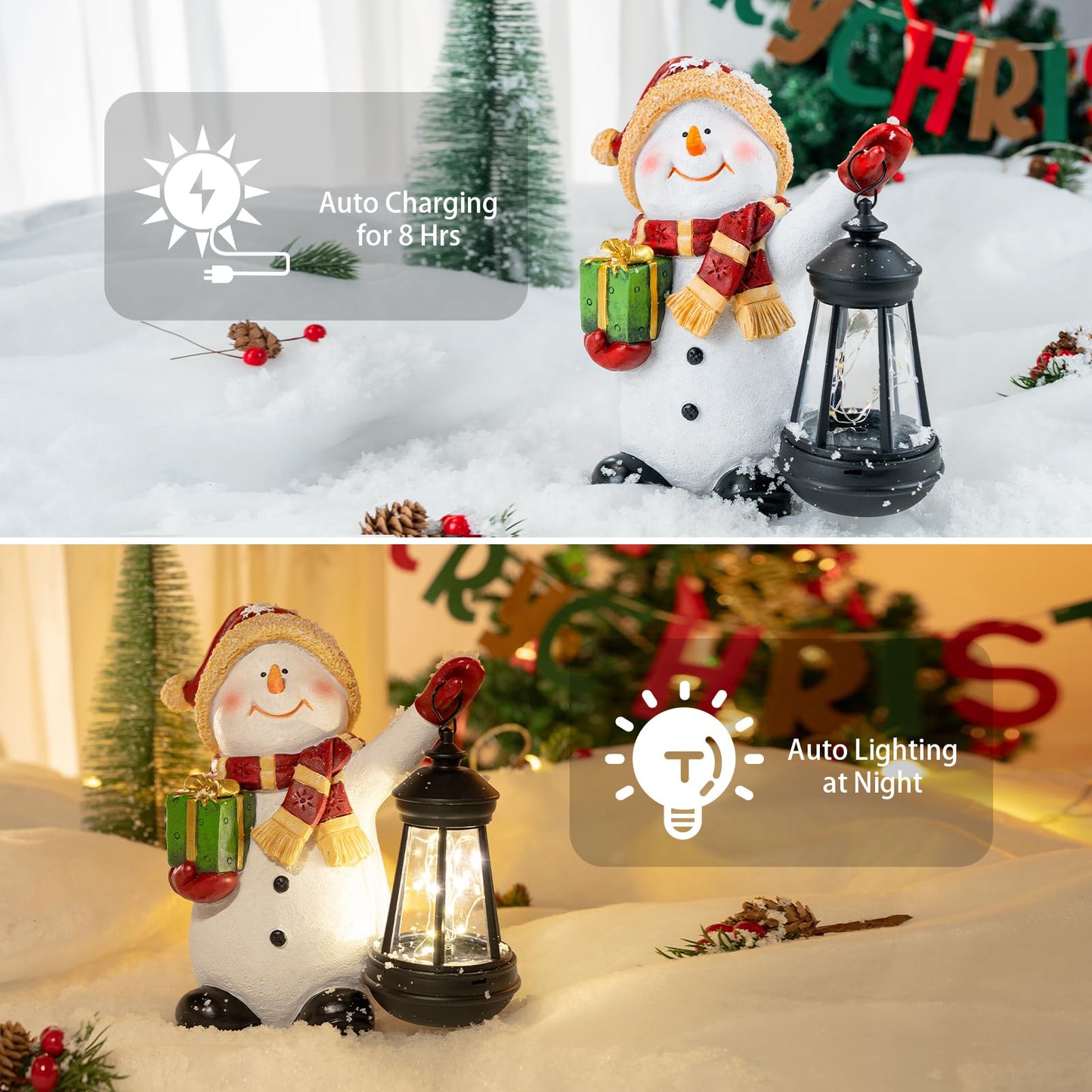 WONDHOME Solar Christmas Snowman Decoration Resin Snowman Outdoor Statue with LED Lantern for Porch Garden Patio Yard Home Decor Christmas Gardening Gifts for Women Mom