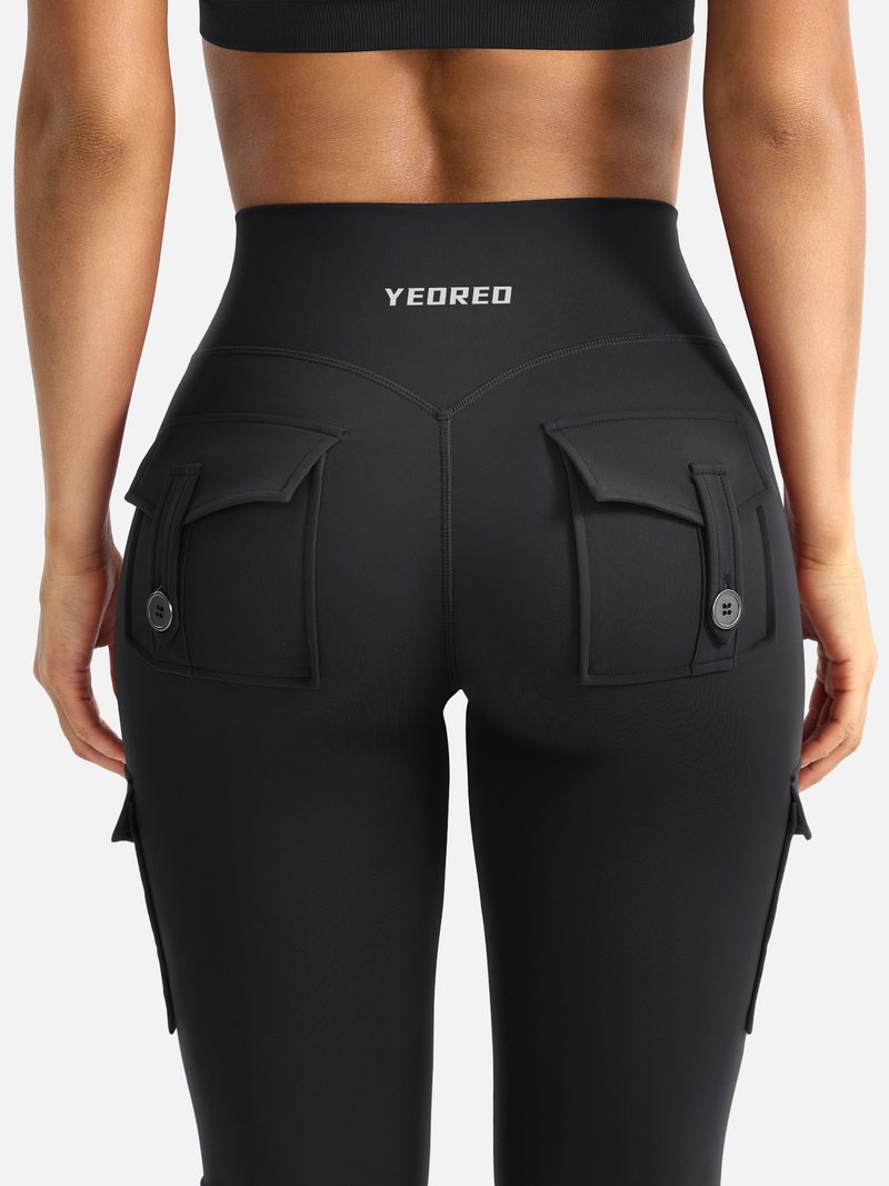 YEOREO CoreFlex Women Workout Flare Leggings with Pockets Hidden Scrunch High Waisted Cargo Gym Yoga No Front Seam Leggings Black XL