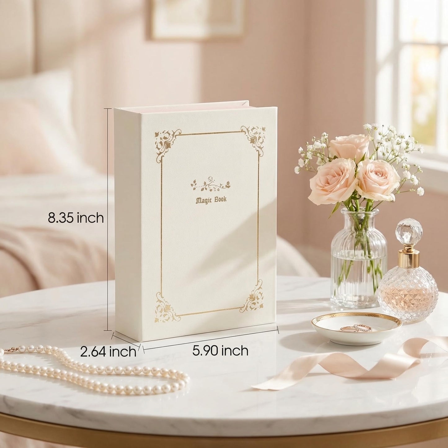 CASEGRACE Jewelry Box Organizer PU Leather Diary Jewelry Box with Magic Book Design Jewelry Case for Earrings Bracelet Necklace Rings Storage for Women, White
