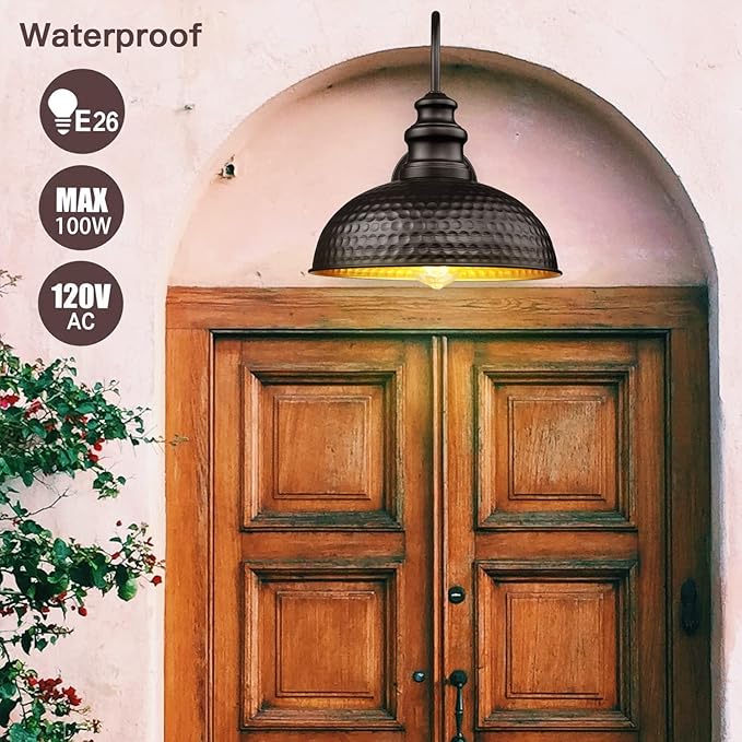 Farmhouse Outdoor Barn Light Fixture, 12 Inch Dome Gooseneck Exterior Wall Light, Rustic Outdoor Wall Sconce Outside Wall Mount Lantern with Bead Shape for Home, Porch, Garage, Doorway