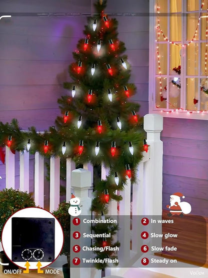 C6 Solar Christmas Lights Outdoor, 100 LED 33FT Christmas Decorations Outdoor Waterproof, Solar String Lights for Outside with 8 Modes, Fairy Twinkle Light for Tree Garden Yard Decor (Red and White)