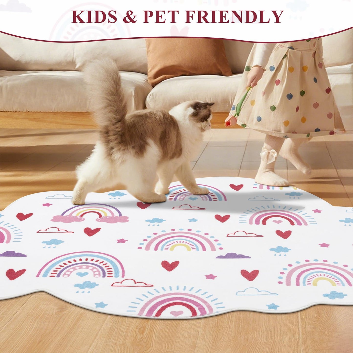 HiiARug Rainbow Small Rug for Kids Room, Pink White Fluffy Soft Decorative Floor Mat, Cloud Shape Washable Rugs for Girls Bedroom, Tent Castle,Bathroom,Nursery, Daycare (3'x5', Pink Rainbow)