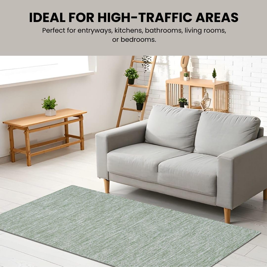 Threadvista Hand Woven Area Rug 3x5 Feet - Rustic Farmhouse Bohemian Accent Rug for Living Room Bedroom Kitchen Entryway Floor Mats Non Slip - Ideal for High Traffic Areas 100% Cotton Rug Green