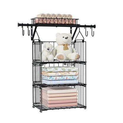 BUKFEN 3 Tier Hanging Closet Organizer, Wall Mounted Wire Storage Shelf with 4 Hooks, Foldable Stackable Organizer for Laundry Room, Bedroom, Bathroom, 1 Pack