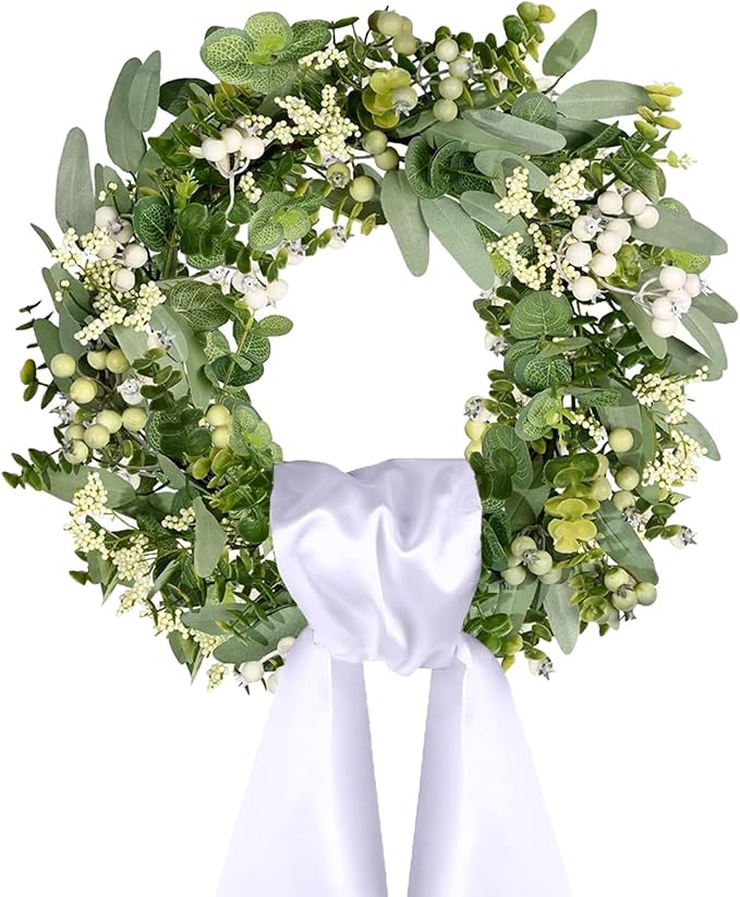 Spring Wreaths for Front Door 18" Eucalyptus Wreath and 56" x 4.5" Sash Decor Green Leaves Decorations Outside