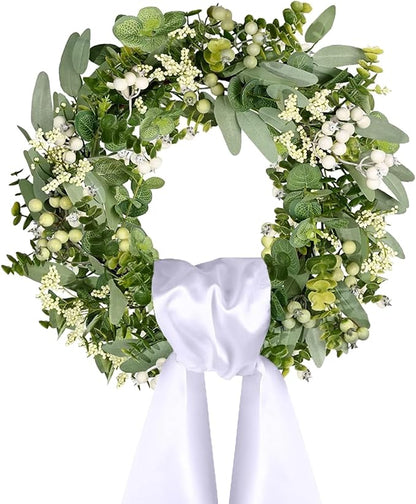 Spring Wreaths for Front Door 18" Eucalyptus Wreath and 56" x 4.5" Sash Decor Green Leaves Decorations Outside