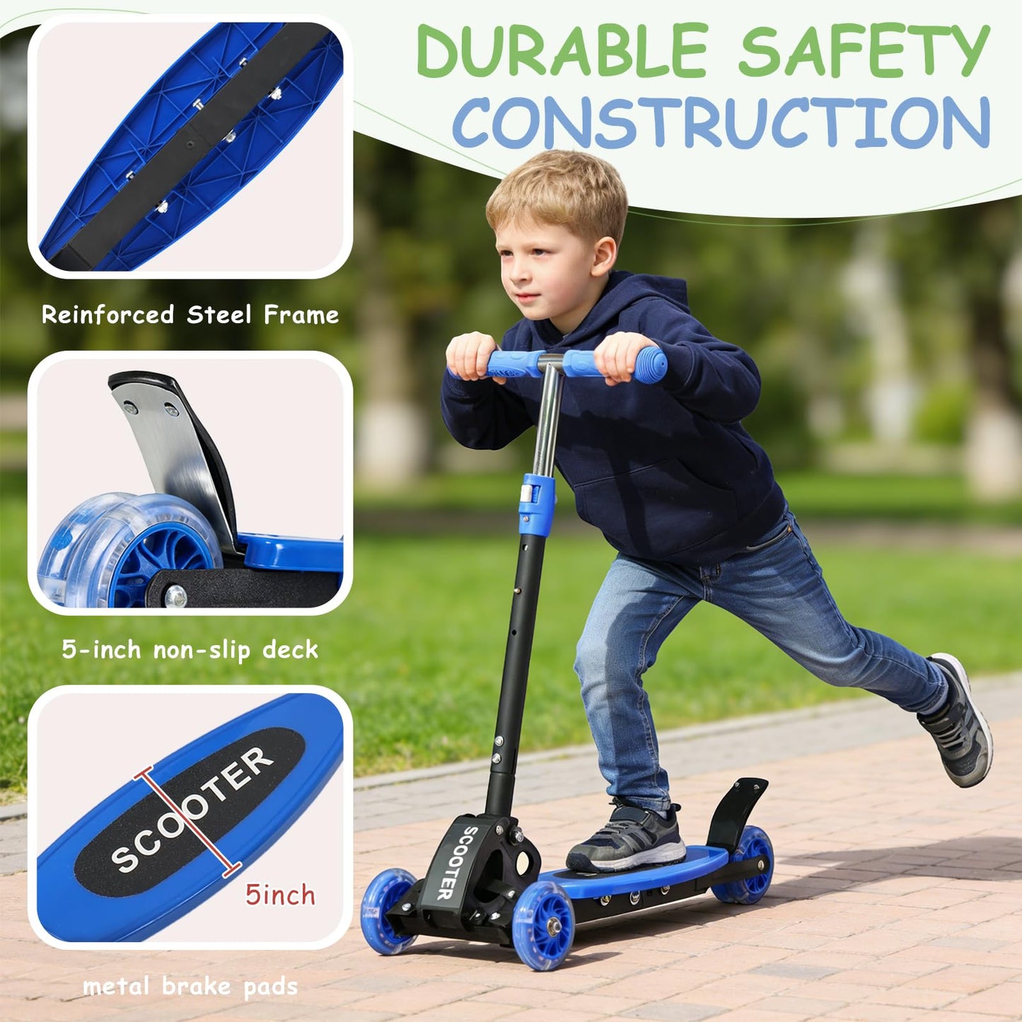 HOSKO Kick Scooter for Kids 2-7 Age， Light up 3 Wheels Kick Scooter, Heavy Duty Folding Lean-to-Steer Scooters with 3 Adjustable Handlebar for Boys Girls Blue