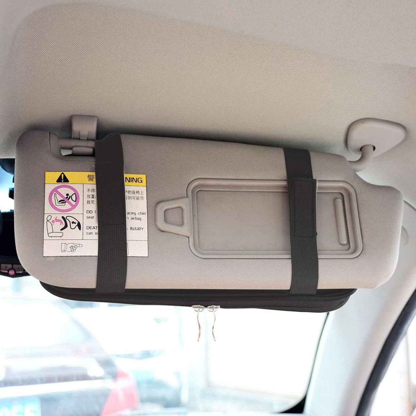 Qitdathn Car Sun Visor Organier Truck SUV Sun Visor Storage Pocket Pouch Holder, Multi-Pocket PU Leather with Zipper Net, for Cards Pens Sunglasses Document (Black)